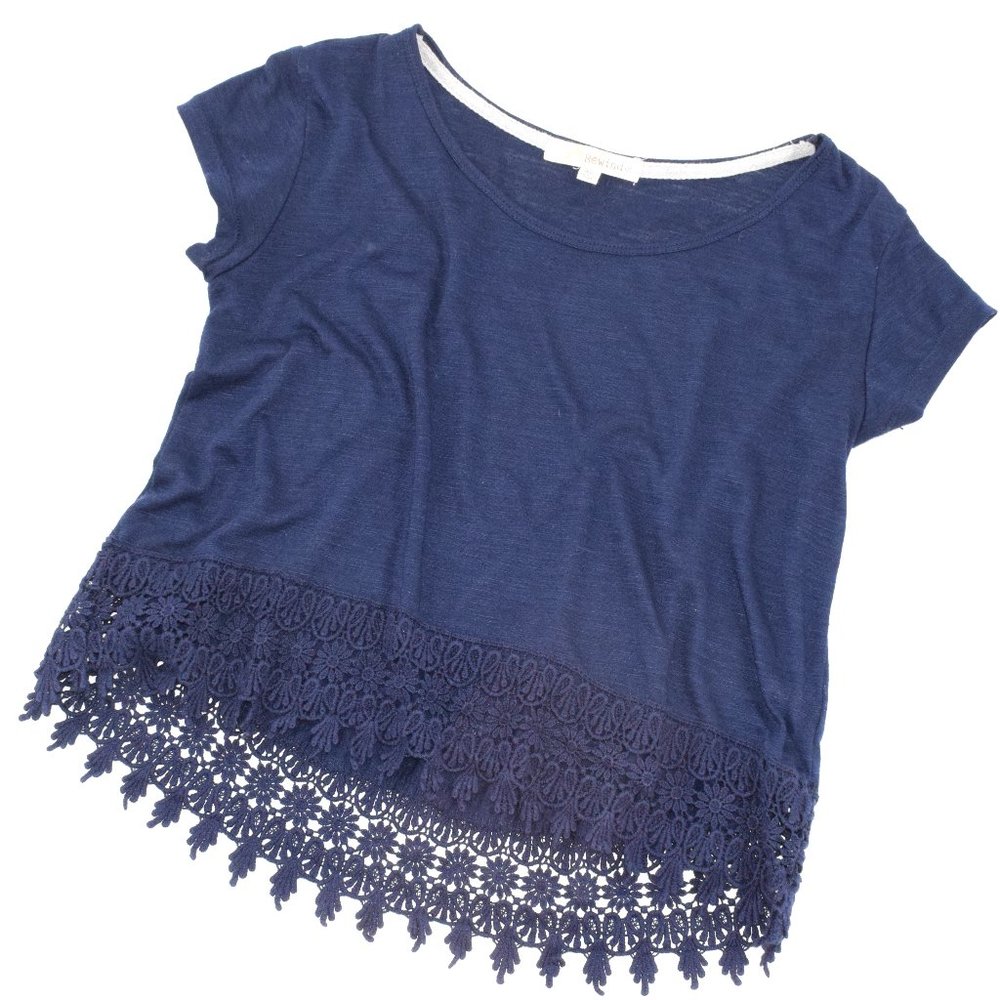 Rewind Navy Top with Cotton Lace Hem XS